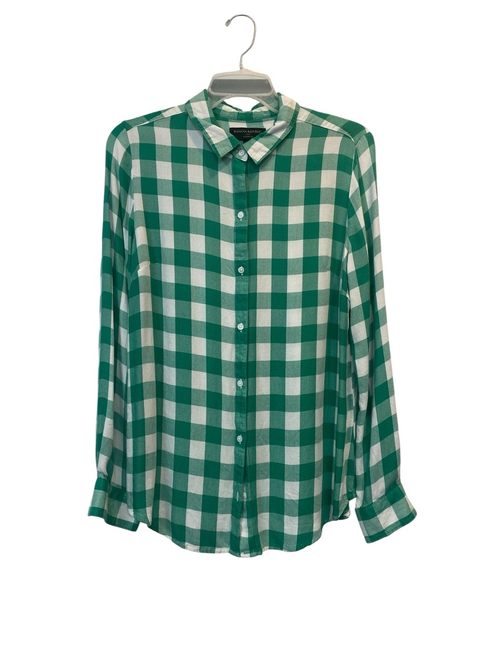 Banana Republic Women size 10  green white checked button up shirt lightweight